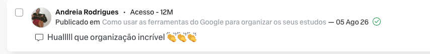 Comentário de aluna na área de estudos