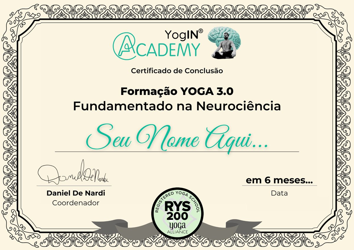Certificado de Conclusão da YogIN® Academy com o selo Yoga Alliance RYS® 200