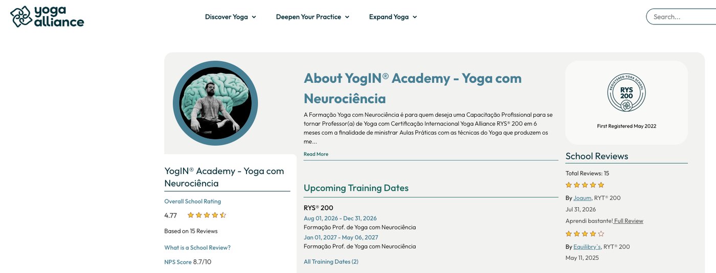 Página da YogIN® Academy no site do Yoga Alliance, registrada desde maio de 2022