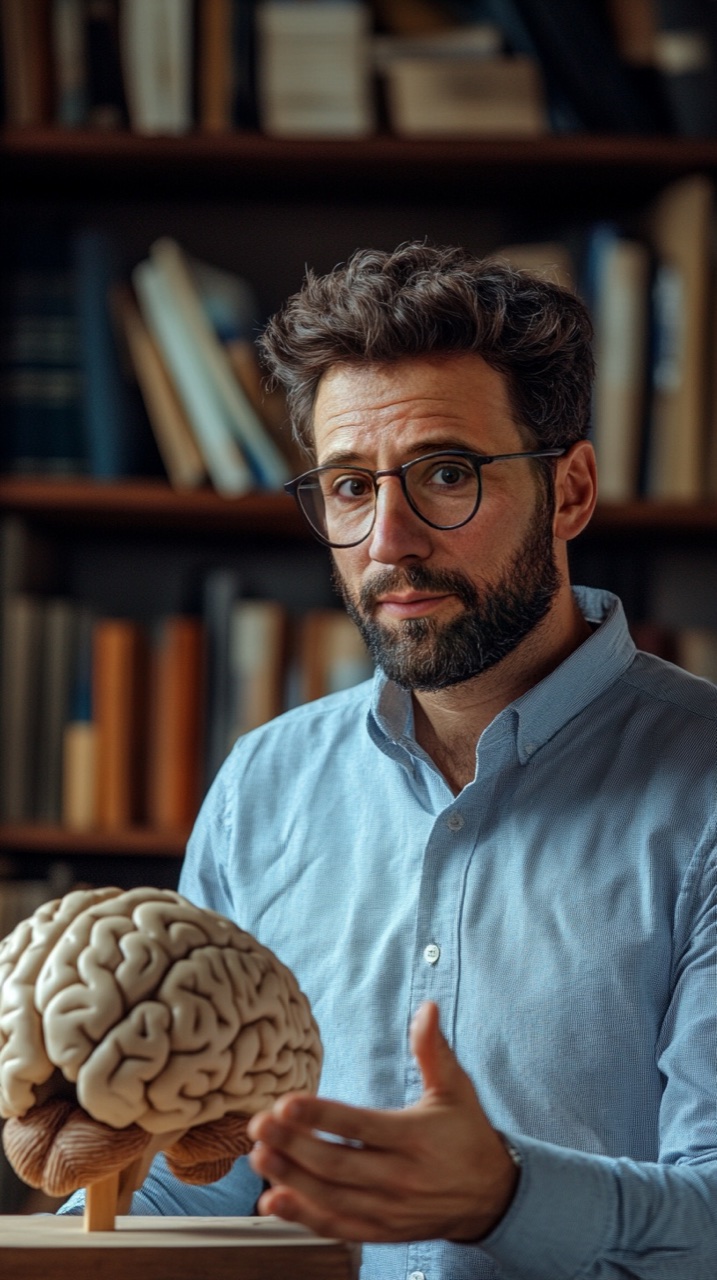 Professor de Yoga estudando o cérebro com um modelo anatômico e livros ao fundo