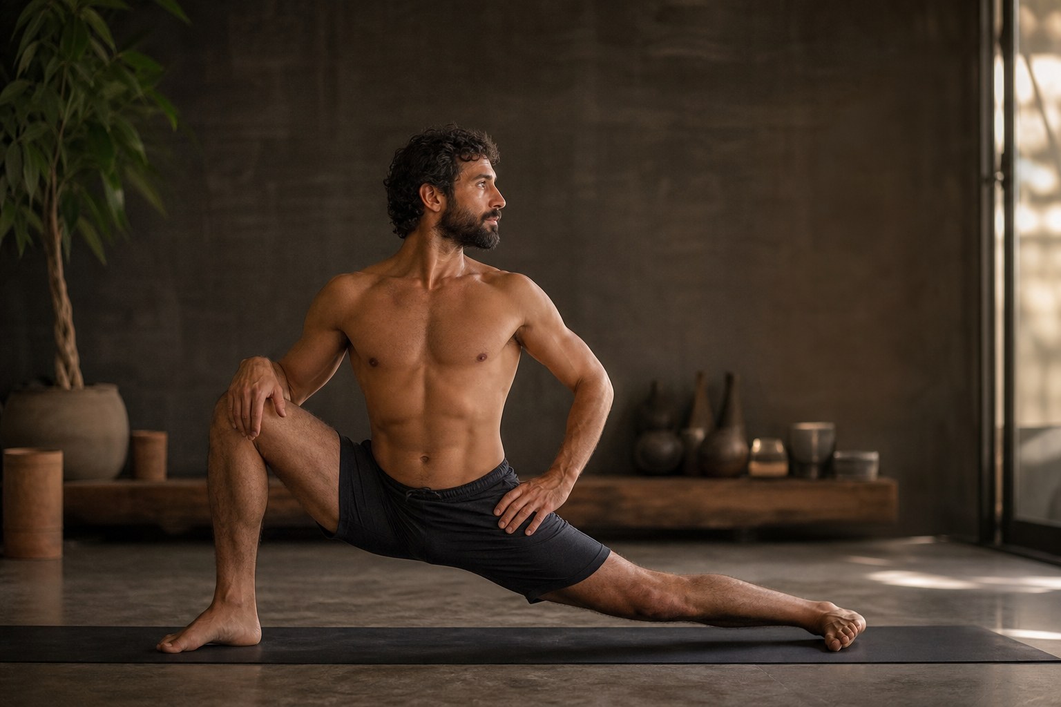 Fotografia realista de um homem em postura de foco e estabilidade física, com iluminação que destaca a musculatura, representando a fisiologia e o estado de alerta.