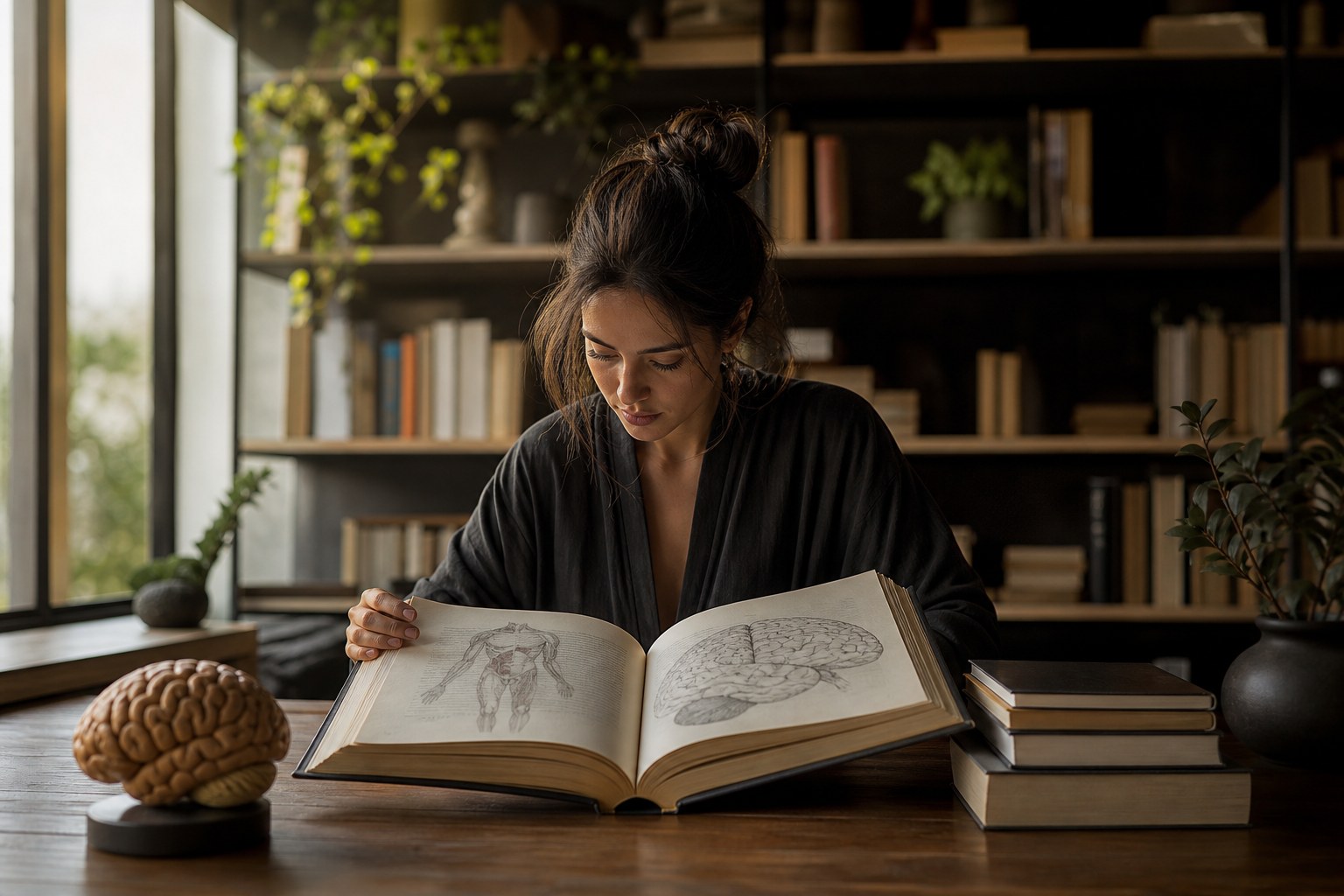 Fotografia realista de uma pessoa lendo um livro de anatomia em uma biblioteca moderna, iluminada por luz natural, simbolizando a união entre pesquisa histórica e ciência atual.